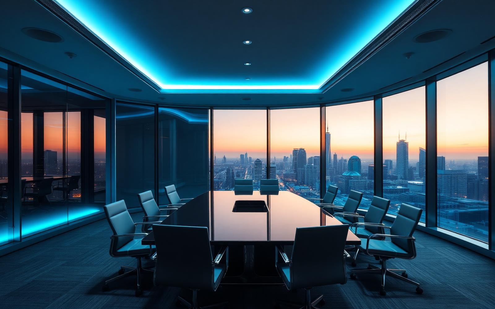 Modern boardroom overlooking a city skyline at dusk