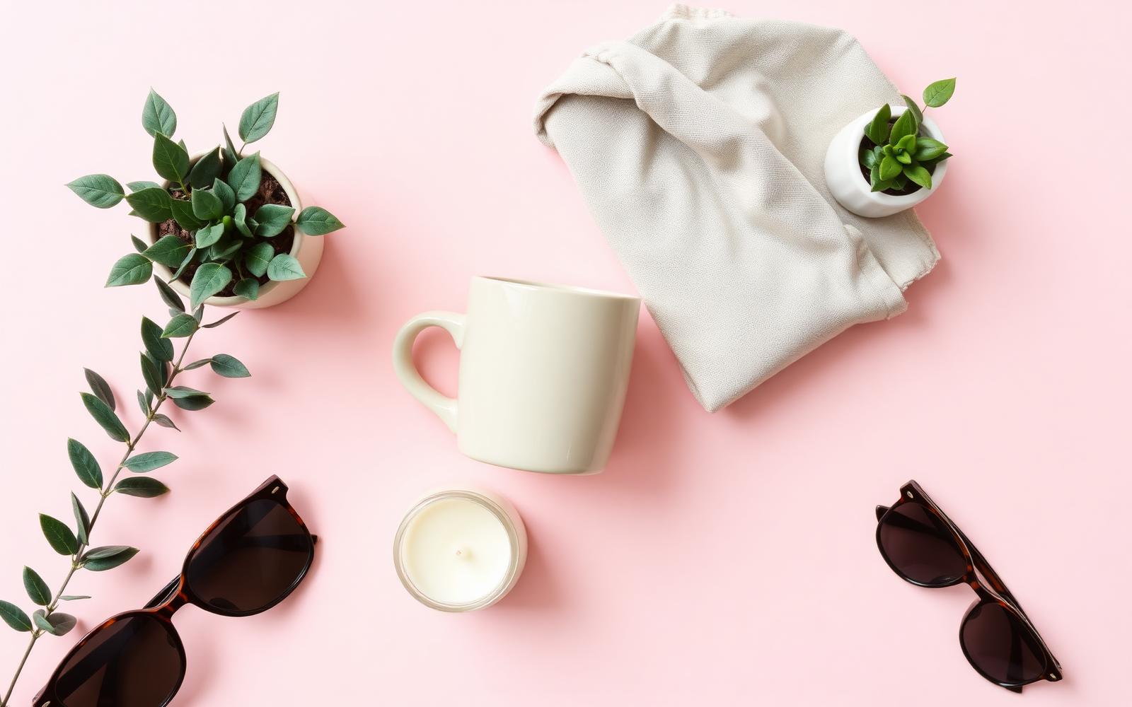 Flat lay of ceramic mug, candle, potted plant and linen