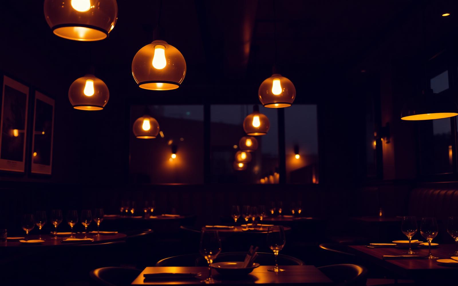 Cozy candlelit restaurant interior with warm pendant lighting